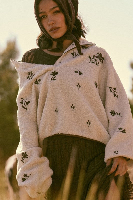 Cream Floral-Embroidered Fleece Pullover